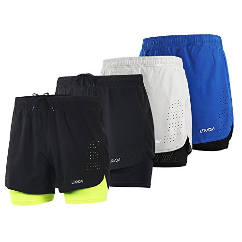 Lixada Hombres Pantalónes Cortos de Running 2-en-1, Pantalones Cortos de Atletismo, Pantalones Cortos de Fitness Maratón, Transpirable Pantalones+Secado Rápido (Verde, L)