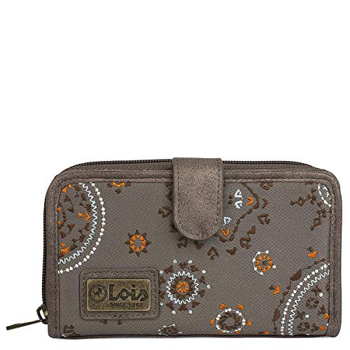 Lois - Cartera Estampada con Bordados para Mujer. Motivos Mandala Lona y Cuero PU para Uso Diario con Cierre Cremallera y Botón Comodísima Protección RFID 304416, Color Marron