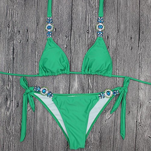 Lolittas Summer New Llegada, sexy mujer de plástico con piedras de cristal de decoración de plástico con volantes, sujetador push-up, lado de amarre, conjunto de bikini verde sólido (M, verde)