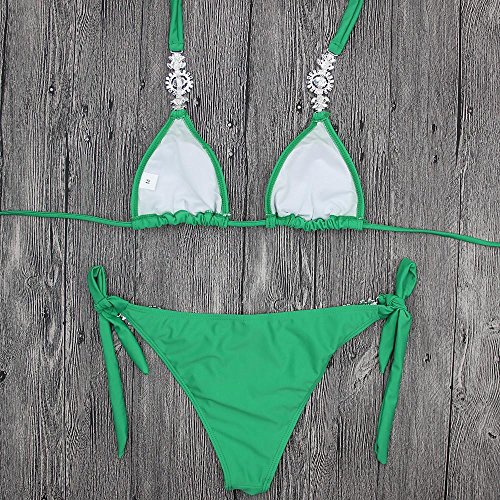 Lolittas Summer New Llegada, sexy mujer de plástico con piedras de cristal de decoración de plástico con volantes, sujetador push-up, lado de amarre, conjunto de bikini verde sólido (M, verde)