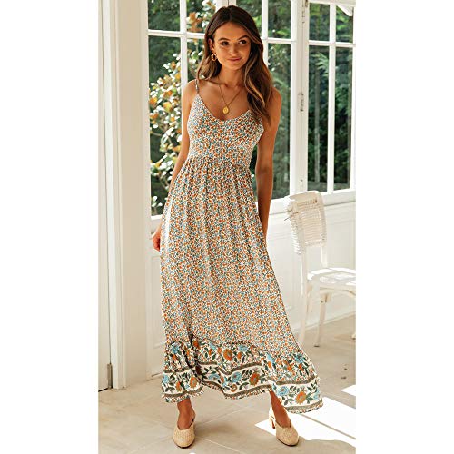 Longwu Vestido Maxi de Verano con Cuello en V Floral Sexy Boho de Las Mujeres Correa de Espagueti Ajustable sin Respaldo Cintura elástica Vestido de Verano Beige-S