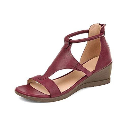 LOVEXIN Sandalias para Mujer Plataforma Alpargatas con Tacón de Plataforma Plataforma Abroche La Correa del Tobillo Encaje Encaje Zapatos de Verano para Mujer con Cremallera Trasera,Rojo,37.5