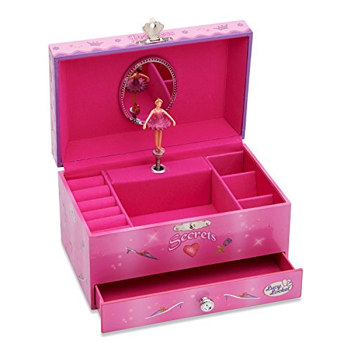 Lucy Locket - Joyero musical con «Princesas» para niños - Caja de música fucsia brillante para niños con soporte para anillos