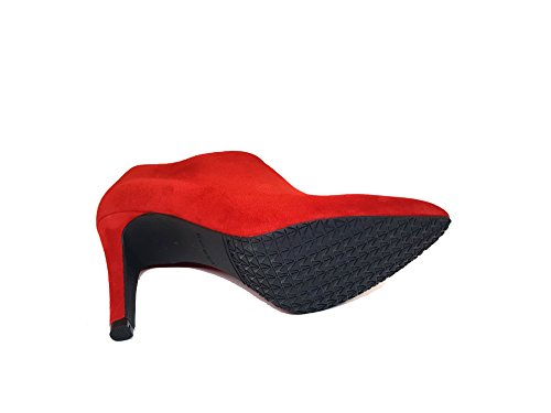 MALISO - Botines Salones Rojos Abotinados de Piel para Mujer con Punta Fina y Tacon Alto de 10 cm - Forro de Piel - Cierre Cremallera - Moda Tacones Stilettos Elegantes - Ante Rojo - Rojo 33 EU