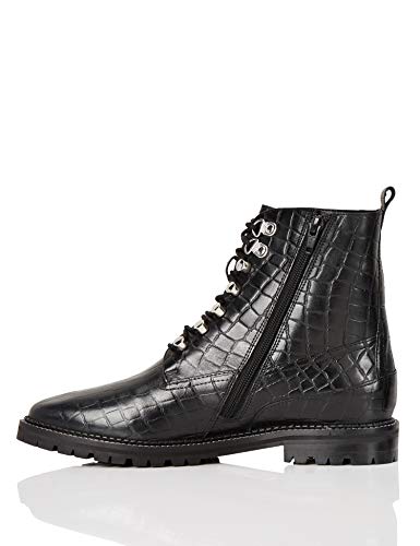 Marca Amazon - find. Lace Up Leather Croc Biker Botines, Negro Black, 37 EU