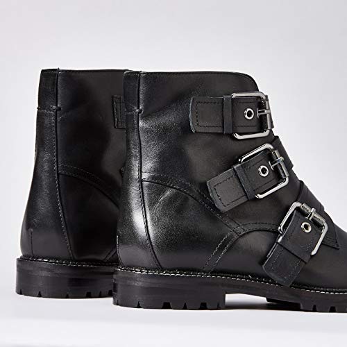 Marca Amazon - find. Three Buckle Leather Biker Botines, Negro Black, 37 EU