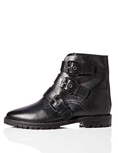 Marca Amazon - find. Three Buckle Leather Biker Botines, Negro Black, 37 EU