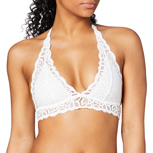 Marca Amazon - IRIS & LILLY Crochet Lace Halter Sujetador Estilo Bralette Mujer, Blanco (Bright White), S, Label: S