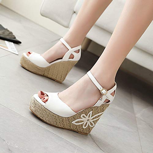 Mediffen Alpargatas Tacón De Cuña Sandalias Mujer Correa De Tobillo Peep Toe Plataforma Sandalias Mujer Tacón Alto De Cuña Fiesta Sandalias Blanco Talla 39 Asiática