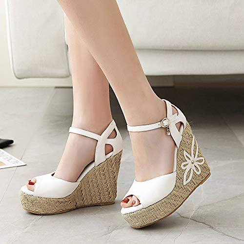 Mediffen Alpargatas Tacón De Cuña Sandalias Mujer Correa De Tobillo Peep Toe Plataforma Sandalias Mujer Tacón Alto De Cuña Fiesta Sandalias Blanco Talla 39 Asiática