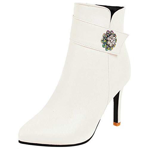 Mediffen Mujer Tacón De Aguja Puntiagudo Elegante Botines Blanco-HM Talla 47 Asiática