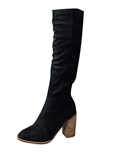 Minetom Botines Mujer Otoño Invierno Planos Largo Botas sobre La Rodilla Moda Alta Tacón Ancho Elegante Zapatos Boots Negro 36 EU