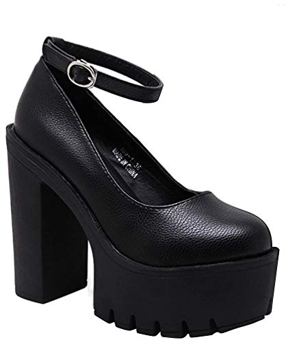 Minetom Mujer Moda Zapatos de Tacón Correa Tobillo Tacones Gruesos plataforma Tacones Altos Zapatillas Negro EU 37