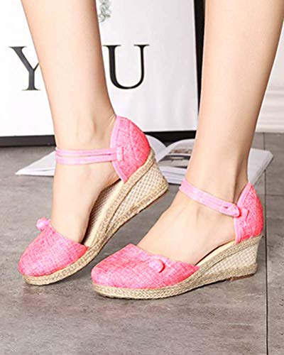 Minetom Mujer Sandalias de Plataforma Tacón Alto Cuña Alpargatas Espadrilles Plataforma Hebilla Mares Playa Chancletas Zapatillas Zapatos de Verano Rosa 38 EU