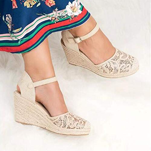 Minetom Mujer Sandalias de Plataforma Tacón Alto Cuña Elegante Encaje Alpargatas Espadrilles Hebilla Chancletas Zapatillas Confort Transpirable Zapatos de Verano Beige 35 EU