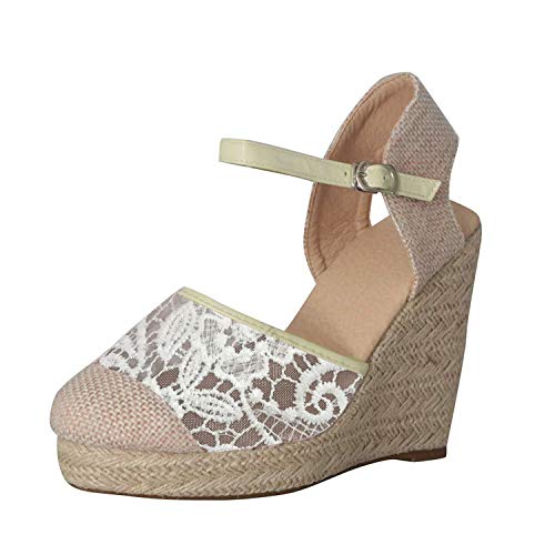 Minetom Mujer Sandalias de Plataforma Tacón Alto Cuña Elegante Encaje Alpargatas Espadrilles Hebilla Chancletas Zapatillas Confort Transpirable Zapatos de Verano Beige 35 EU