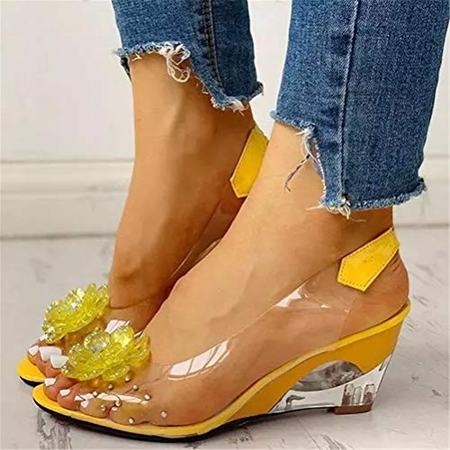 Minetom Sandalias Mujer Cuña Verano Plataforma Punta Abierta Flor Zapatos De Tacón Alto De Playa Fiesta Transparentes Sandalias De Cristal Amarillo 42 EU