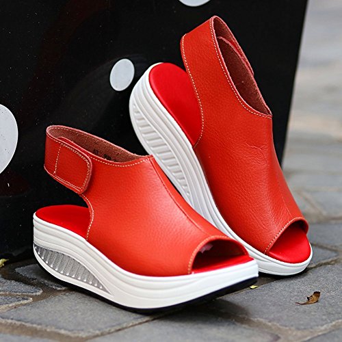 Minetom Sandalias Mujer Zapatillas De Plataforma Tobillo PU Cuero Cuña Confort Peep Toe Tacón Alto Velcro Cabeza Pescado Zapatos para Caminar Rojo EU 40