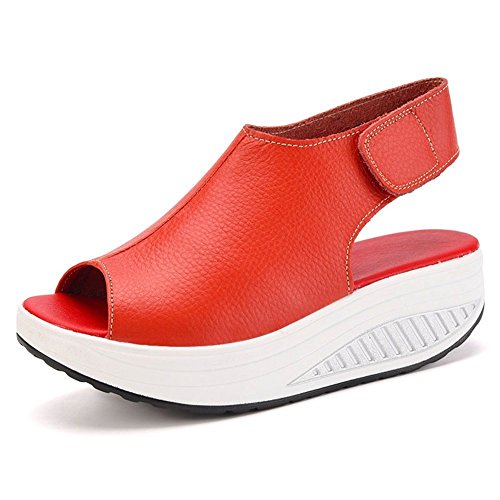 Minetom Sandalias Mujer Zapatillas De Plataforma Tobillo PU Cuero Cuña Confort Peep Toe Tacón Alto Velcro Cabeza Pescado Zapatos para Caminar Rojo EU 40