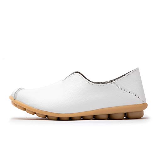 Mocasines de Cuero Mujer Casual Zapatos de Conducción Moda Loafers Verano Planos Zapatillas del Barco Zapatos Blanco EU38.5=CN40