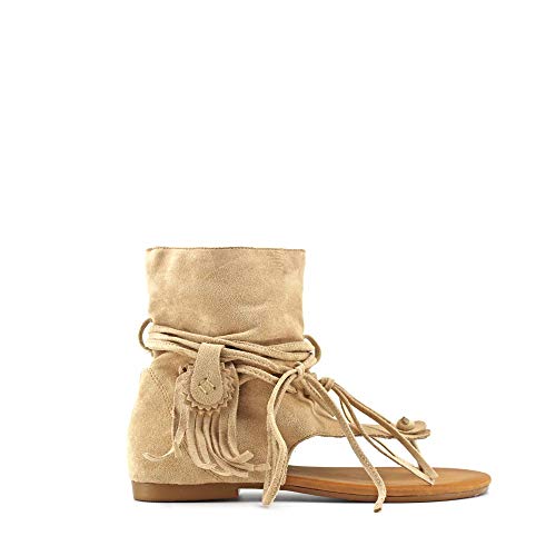 Modelisa - Sandalias Estilo Botin De Dedos con Flecos para Mujer (Beige, Numeric_38)