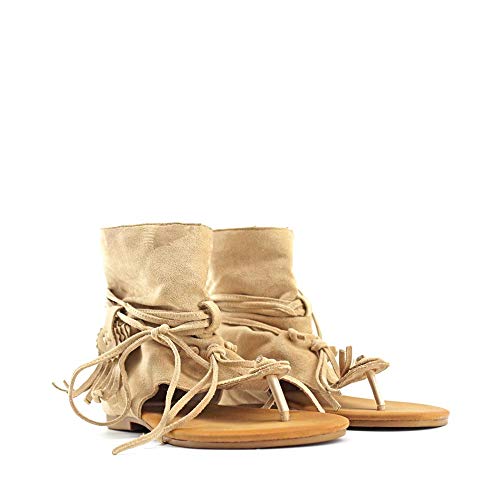 Modelisa - Sandalias Estilo Botin De Dedos con Flecos para Mujer (Beige, Numeric_38)