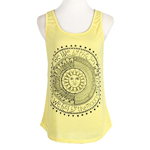 Mujer Camiseta,Sonnena Patrón de Sol Estampado sin Manga Camiseta para Mujer y Chica Joven Casual Sexy Traje de Verano Fresco para Citas Actividades al Aire Libre (XL, Amarillo)