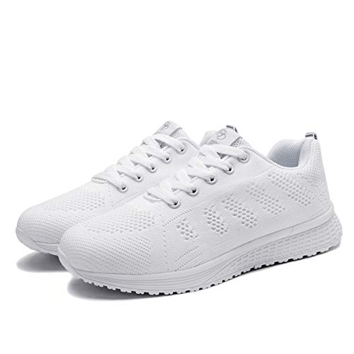 Mujer Entrenador Zapatos Gimnasio Deportes atléticos Zapatillas de Deporte Malla Informal Zapatos para Caminar Encaje Plano Blanco EU 37