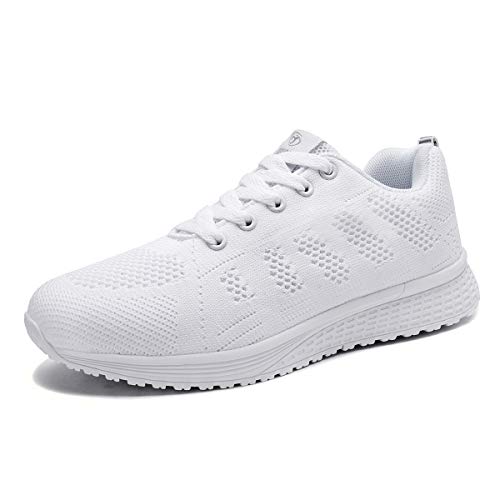 Mujer Entrenador Zapatos Gimnasio Deportes atléticos Zapatillas de Deporte Malla Informal Zapatos para Caminar Encaje Plano Blanco EU 37