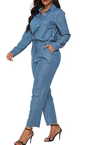 Mujeres Denim Romper Manga Larga Tobillo Pantalones Vaqueros Pantalones Monos Azul M