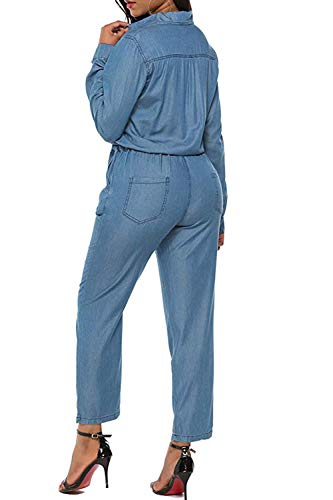 Mujeres Denim Romper Manga Larga Tobillo Pantalones Vaqueros Pantalones Monos Azul M