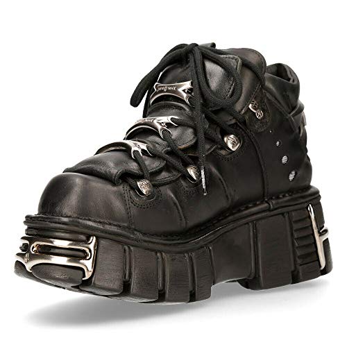 New Rock 106-S1 Botines Unisex de Cuero Negro Metálico Estilo Motorista Gótico Clásico 45