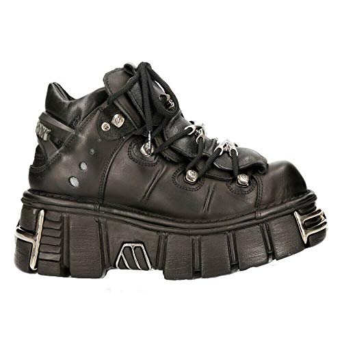 New Rock 106-S1 Botines Unisex de Cuero Negro Metálico Estilo Motorista Gótico Clásico 45