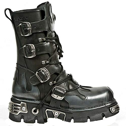 New Rock 591-S2 Botas de Cuero Negro con Llama Plateada 36