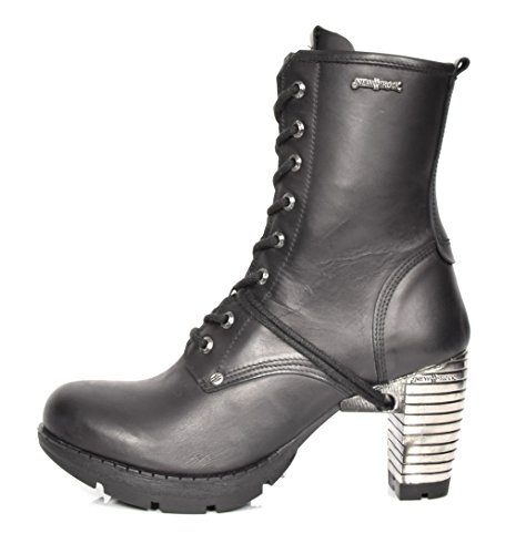 New Rock Botines de Cuero Bloque de Tacón Punta Redonda Clásico Zapatos Negro (EU 38)