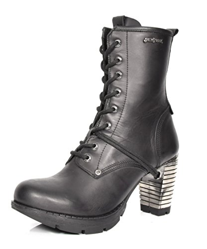 New Rock Botines de Cuero Bloque de Tacón Punta Redonda Clásico Zapatos Negro (EU 38)