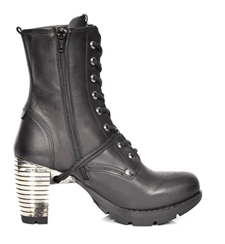 New Rock Botines de Cuero Bloque de Tacón Punta Redonda Clásico Zapatos Negro (EU 38)