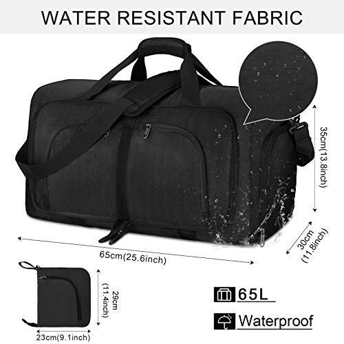 NEWHEY Bolsa de Viaje Plegable 40L 65L 80L Grande Bolsa de Deporte Impermeable Ligera Bolsa de Fin de Semana con Compartimento Zapatos para Hombre y Mujer (80L, Negro)