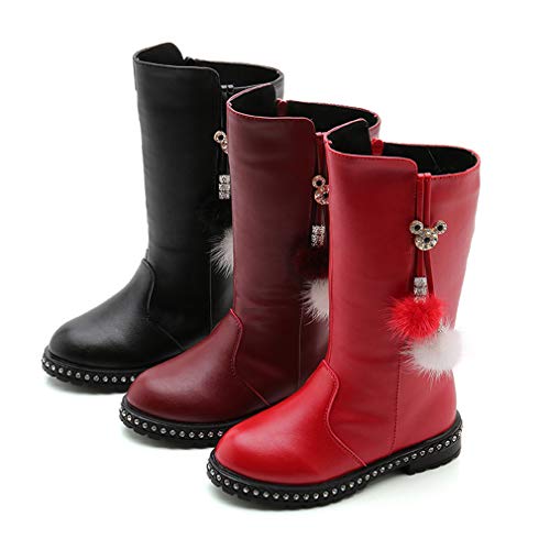 Niñas Botas Altas Dulce Pelota de Felpa Botas Medias Cremallera Botas de Cuero de PU Suave Forrado de Felpa Botas de Invierno Perlas Arco Niña Botas Largas Impermeable Antideslizantes Zapatos Planos