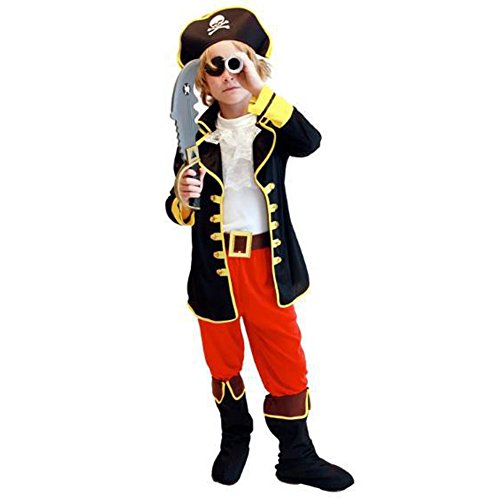 Odziezet Disfraz Capitán Pirata Niño Niña Trajes 6PCS Chaqueta+Pantalón Botas+Chaleco+Gorro+Parche de Ojo+Cinturón Halloween Carnaval Fiesta 4-12Años