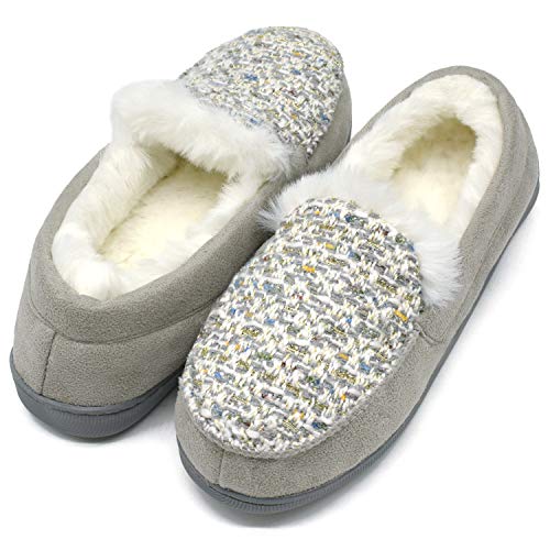 ONCAI Memory Foam Zapatillas De Casa para Mujer Felpa Pantuflas Mocasines Calentar Invierno Tweed Zapatos para Interior Exterior Caucho Suela,Gris 39