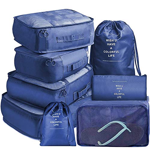 Organizador de Equipaje, 8 en 1 Set Organizadores de Viajes, Impermeable Organizador para Maletas para Ropa Zapatos, Cosméticos Bolsas de Equipaje(Azul Oscuro)