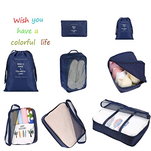 Organizador de Equipaje, 8 en 1 Set Organizadores de Viajes, Impermeable Organizador para Maletas para Ropa Zapatos, Cosméticos Bolsas de Equipaje(Azul Oscuro)