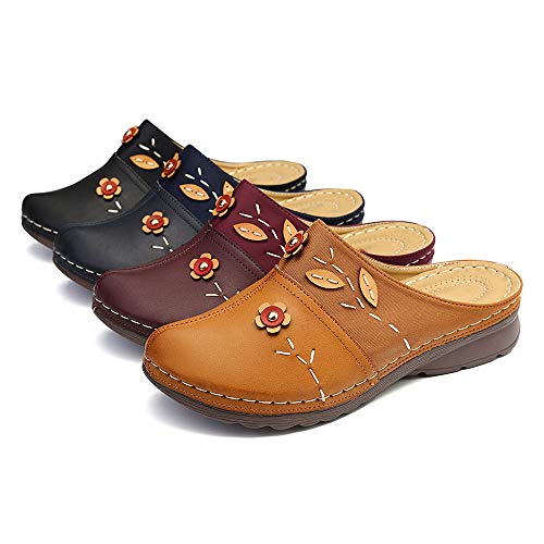 OshoeQ Zuecos para Mujer Cuero Verano Loafer Tacón Bajo Mules Planos Zapatos Zapatillas de Playa Antideslizantes Zapatillas de Jardín,Marrón,36