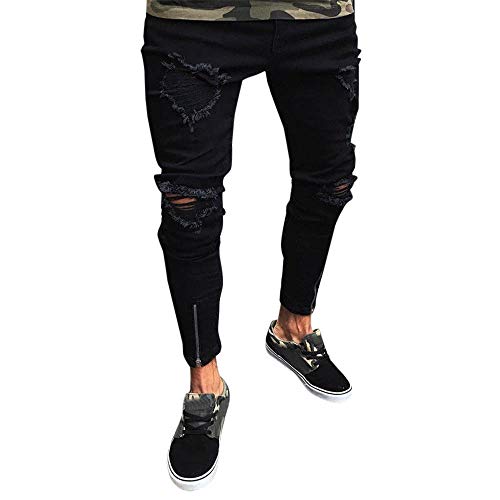 Pantalones de hombre, pantalones vaqueros de mezclilla ajustados con cremallera para hombre Pantalones pitillo deshilachados Pantalones rasgados desgastados, ropa, zapatos y accesorios (Negro S)