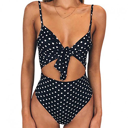 PAOLIAN Trajes de baño de una Pieza Bikini Sexy Mujer Verano 2018 Ropa de Playa Bañador señora Impreso Punto Correa del Lazo Bowknot Sling Retro Ropa de baño Cintura Alta Braguita (L, Negro)