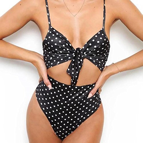 PAOLIAN Trajes de baño de una Pieza Bikini Sexy Mujer Verano 2018 Ropa de Playa Bañador señora Impreso Punto Correa del Lazo Bowknot Sling Retro Ropa de baño Cintura Alta Braguita (L, Negro)