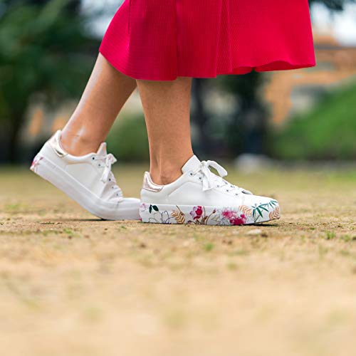 PAYMA - Zapatillas Bambas Deportivas Plataforma Mujer. Tenis Deporte, Casual y Caminar. Cierre Cordones. Interior Acolchado. Acabado Eco Print Floral, Blanco y Estrella.