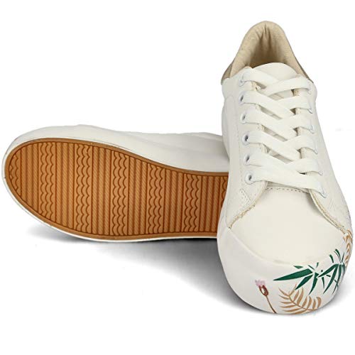 PAYMA - Zapatillas Bambas Deportivas Plataforma Mujer. Tenis Deporte, Casual y Caminar. Cierre Cordones. Interior Acolchado. Acabado Eco Print Floral, Blanco y Estrella.