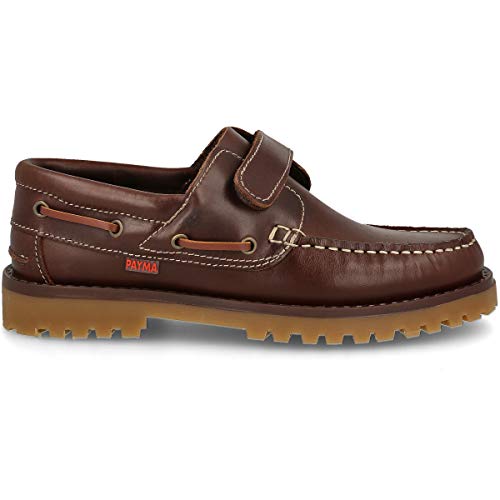 PAYMA - Zapatos Náuticos Sport Casual Hombre, Mujer, Niño. Clásicos 3-Ojales de Piel. Piso de Goma. Tallas Grandes 45 46 47. Cierre Cordones o Velcro. Color: Marrón Velcro; Talla EU 43